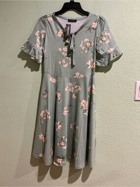 Floral Tie-Neck Sage Green Girls' Dress by